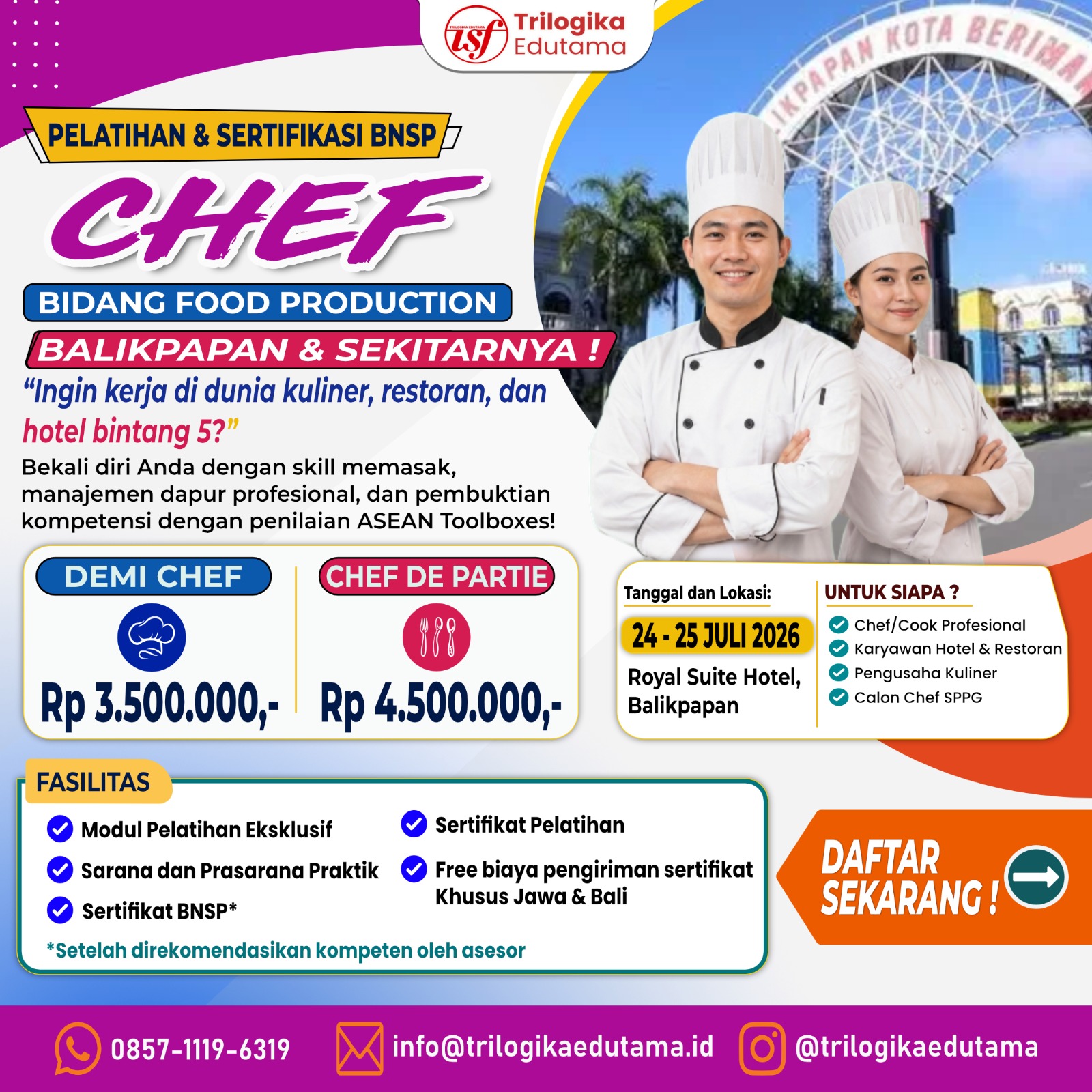 DIKLAT DAN PELATIHAN BNSP FOOD PRODUCTION SKEMA "DEMI CHEF" OFFLINE BALIKPAPAN 2026